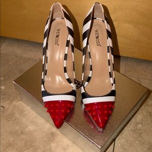 Women's Bold Red Toe White and Black Striped Heels